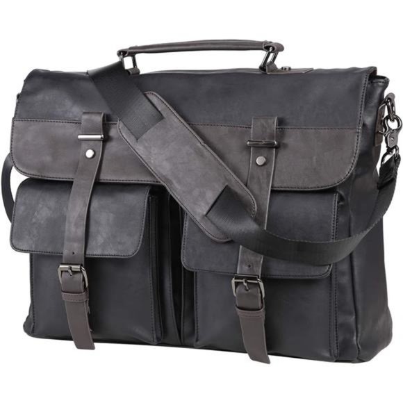Leather Messenger Bag for Men 17.3 Inch Vintage Water Resistant (Black)